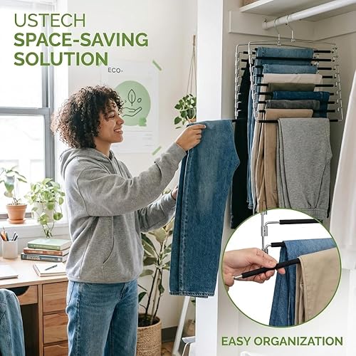 Miniatura 3 de Percha para pantalones con brazo oscilante de varios niveles | Perchas de ropa que ahorran espacio con acolchado de espuma y brazos extraíbles |