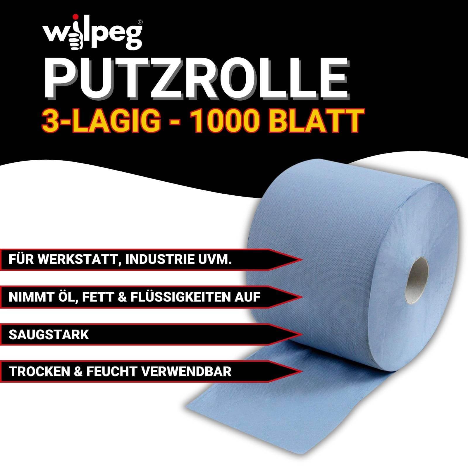 Wilpeg Papierrolle 3-lagig 1000 Blatt | Putzpapier Blau | Werkstattrolle