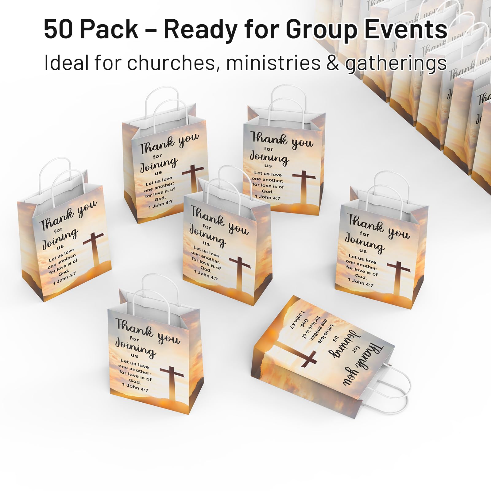 QIELSER Christian Thank You Gift Bags 50 Pack, Welcome to Our Church Paper Bags with Handles, Religious Cross & Bible Verse, Church Favor Bags for Baptism, VBS, Easter