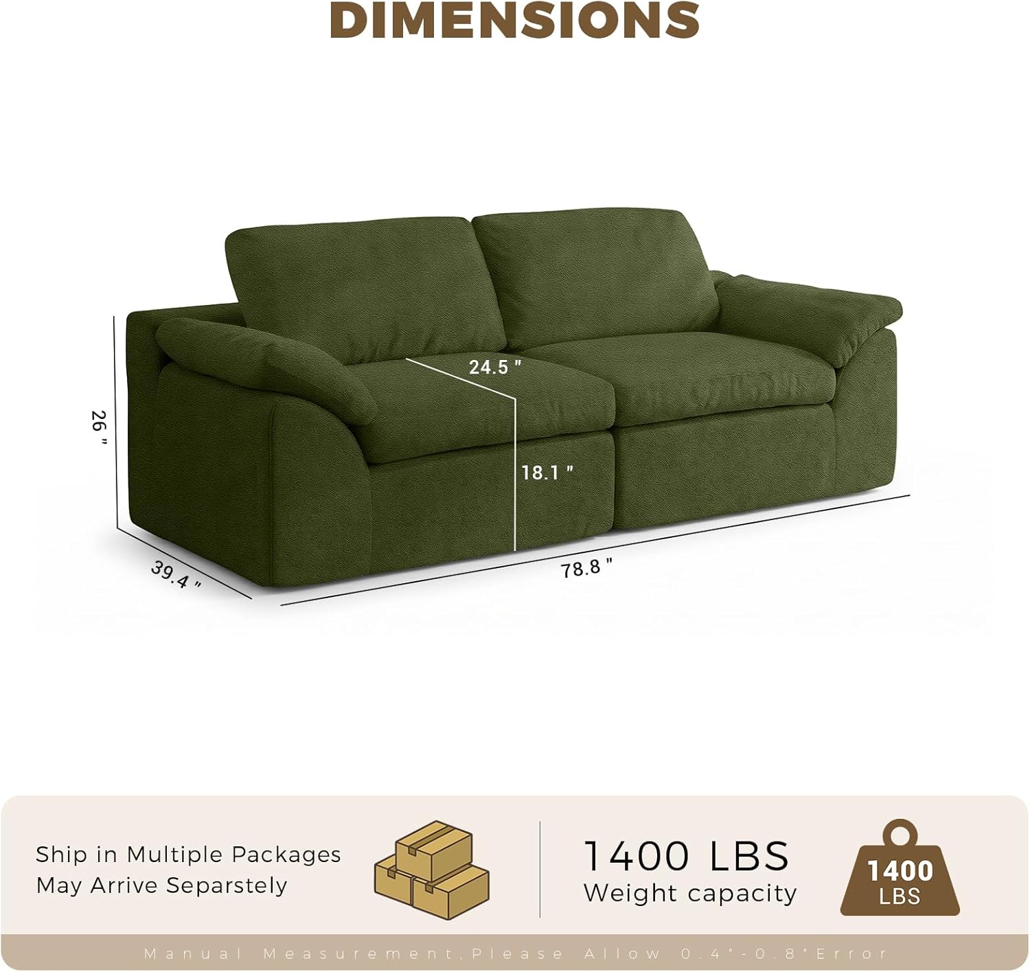 Cloud Sectional Couches 78.8" Loveseat Sofa Deep Seat Modular Sectional Couch Comfy Boneless Couch for Living Room & Bedroom Bouclé Fabric Green