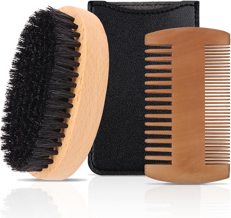 Men's Beard Brush Kit with Pearwood Comb and Boar Bristle Beard Brush, Beard Grooming Tools for Home and Barbershop