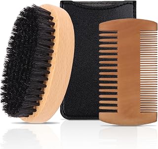 Men's Beard Brush Kit with Pearwood Comb and Boar Bristle Beard Brush, Beard Grooming Tools for Home and Barbershop