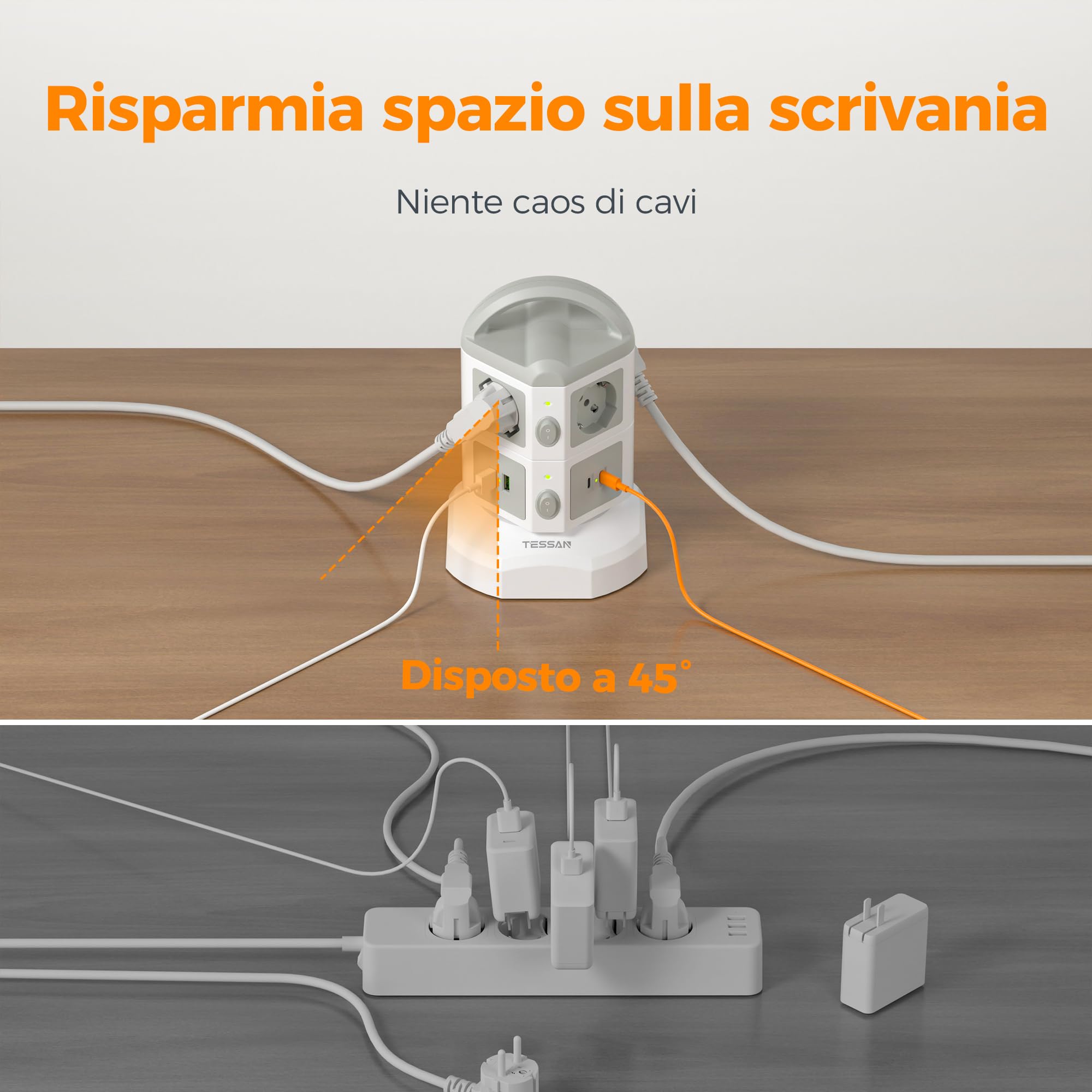 TESSAN Prolunga Retrattile 5M, Ciabatta Multipresa con 2 USB C, 6 Prese | Multipresa Verticale con 2 Interruttori Indipendenti, Girgio