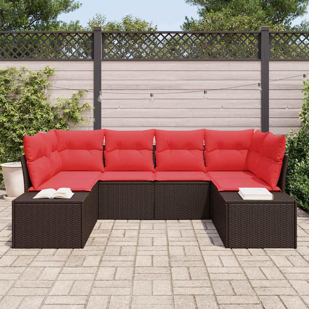 Ensemble de Canapé de Jardin 6 Pièces en Résine Tressée Marron, Salon de Jardin Modulable avec Coussins pour Terrasse et Patio, Mobilier d'Extérieur Robuste en Acier et Polyrotin
