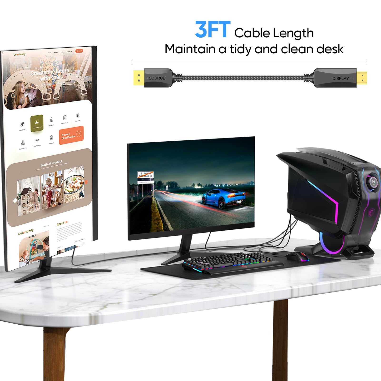 Lot de 2 câbles fins DisplayPort vers HDMI de 0,9 m, câble adaptateur DP vers HDMI, cordon mâle tressé, plaqué or, prend en charge la vidéo et l'audio, convertit le signal pour moniteur DP en HDMI
