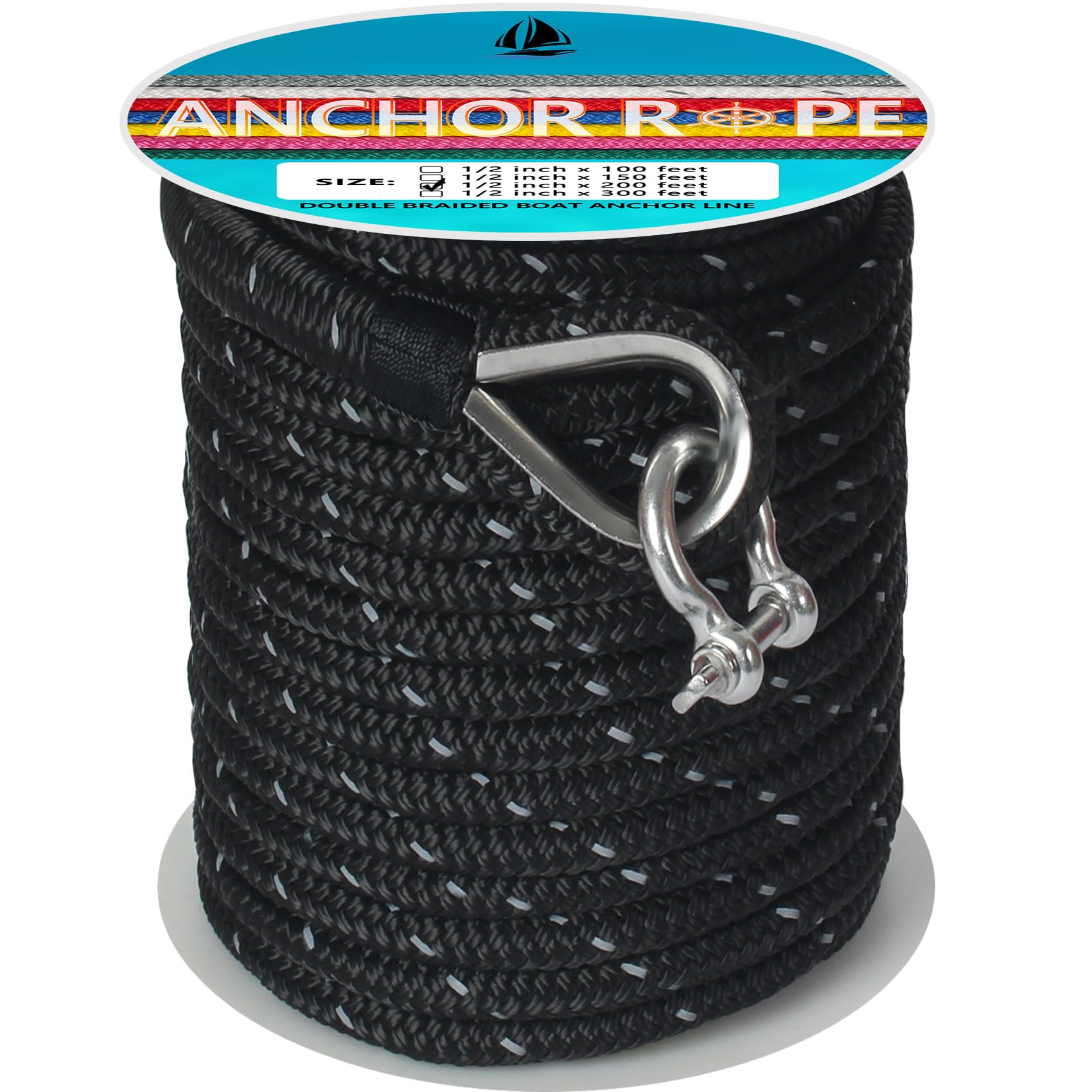 Anchor Rope 200 FT 1/2 in, Double Braided Anchor Line with 316 Stainless Steel Thimble & Shackle, Boat Anchor Rope with Reflective Strip for Towing, Mooring, Deck, Anchoring, Boats Up to 35' - Black