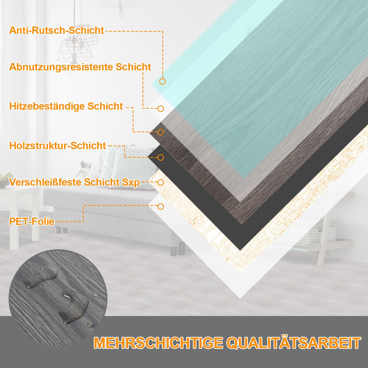 PVC Bodenbelag Vinylboden Selbstklebend, 91.5 cm x 15.2 cm x 1.5 mm, 5 m²/ 35 Fliesen Selbstklebende Vinyl-Fliesen wasserdicht, Holzoptik, für Küche, Badezimmer, Night Oak