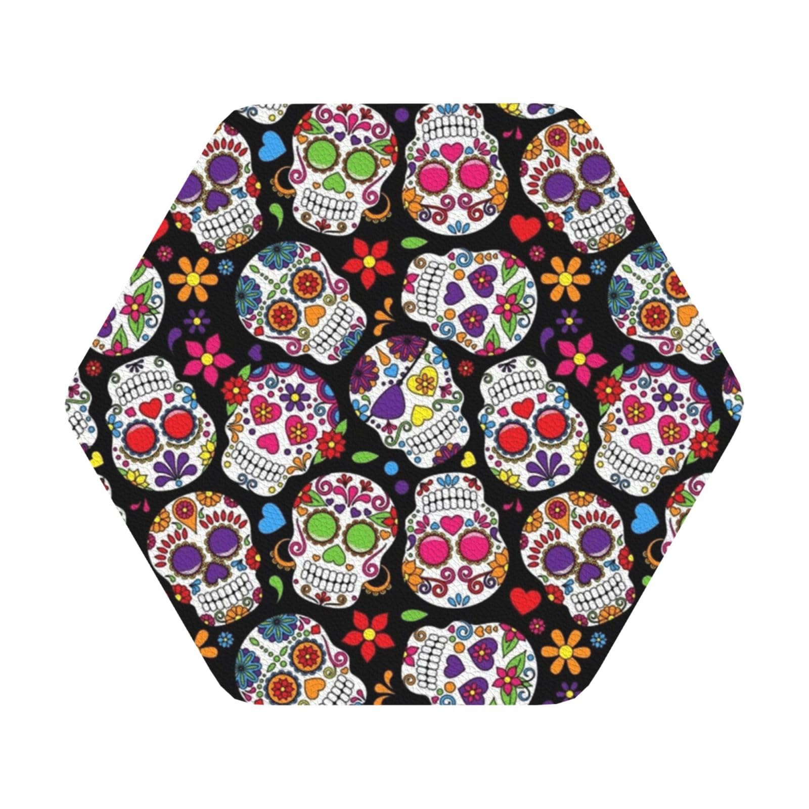 color skulls PU Leather Coasters Set of 6 Hexagon Drink Coasters