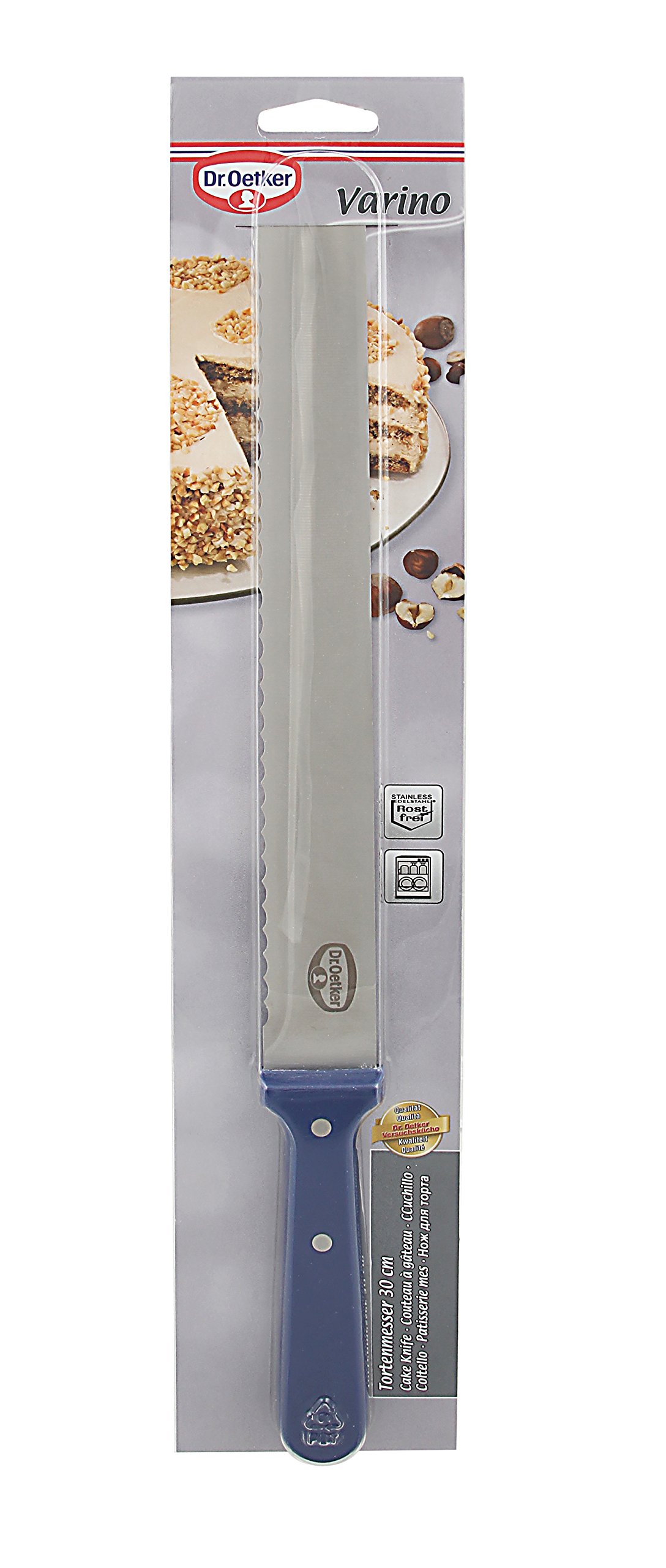 Dr. Oetker taartmes 43 cm, keukenmes van hoogwaardig roestvrij staal voor het snijden en glazen, extra lang mes voor nauwkeurig snijden, (kleur: zilver/blauw), hoeveelheid: 1 stuk