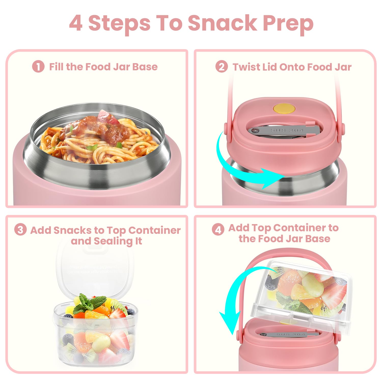 Contenedor aislado 2 en 1 para alimentos y aperitivos, termo de sopa infantil de 15 onzas para comida caliente con asa y cuchara, a prueba de fugas, caja de aperitivos reutilizable para niños pequeños 4