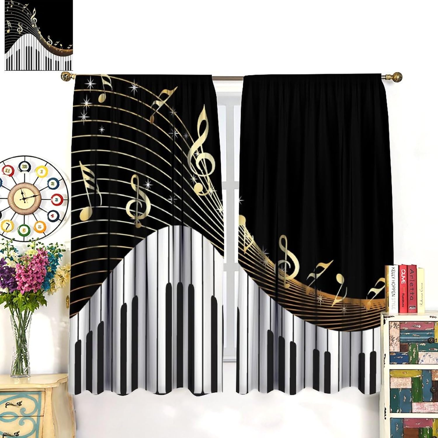 Golden Piano Music Note Curtains,Note Black White Piano Key Home Blackout Rod Pocket Window Treatments for Teens Boys Girls Bedroom Living Cafe Kitchen Restaurant Drapes 42" W X 45" L