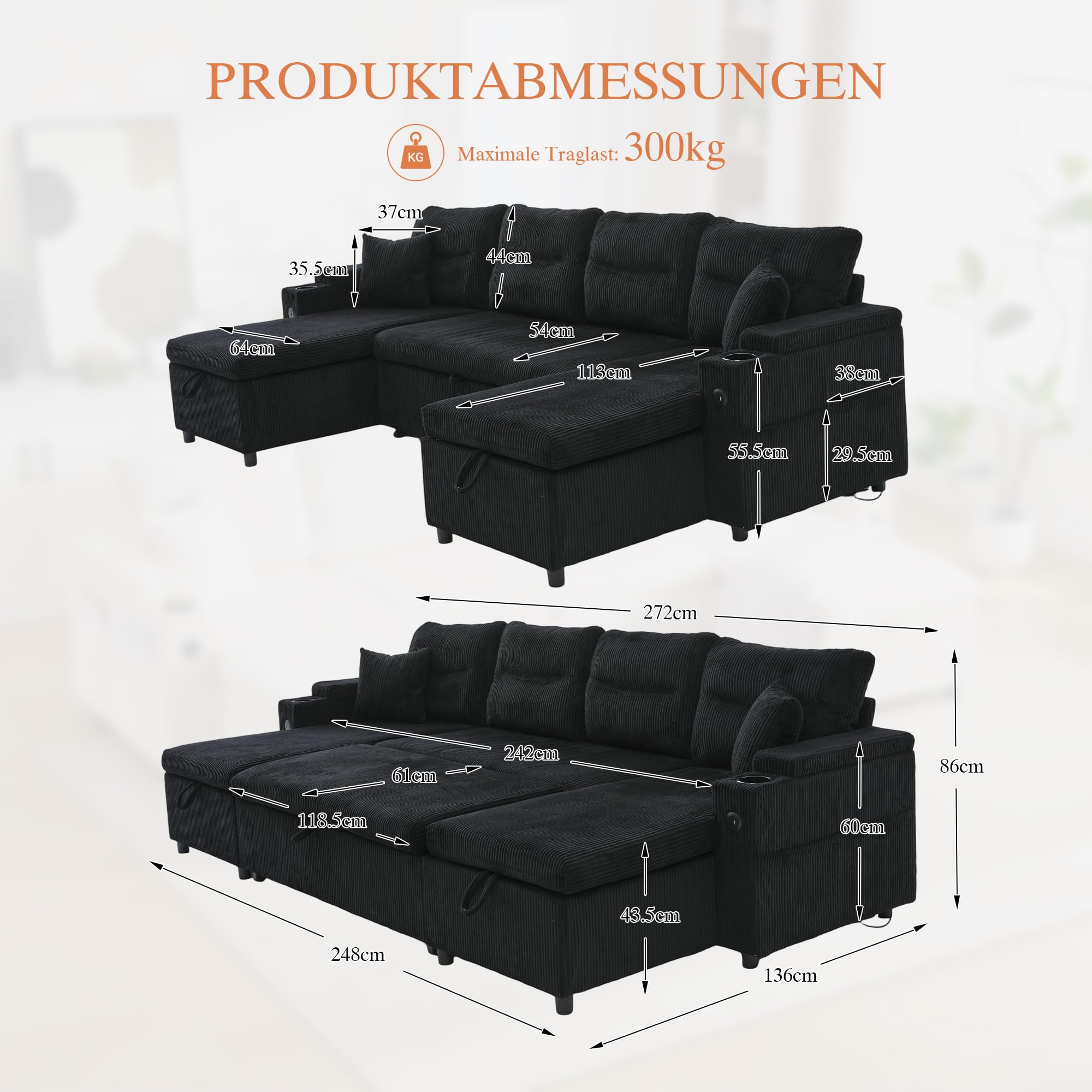 Canapé Convertible, Canapé lit modulable en U avec lit gigogne et méridienne de Rangement, canapé d'angle Convertible 2 à 4 Places avec 2 Porte-gobelets et Ports USB pour Salon