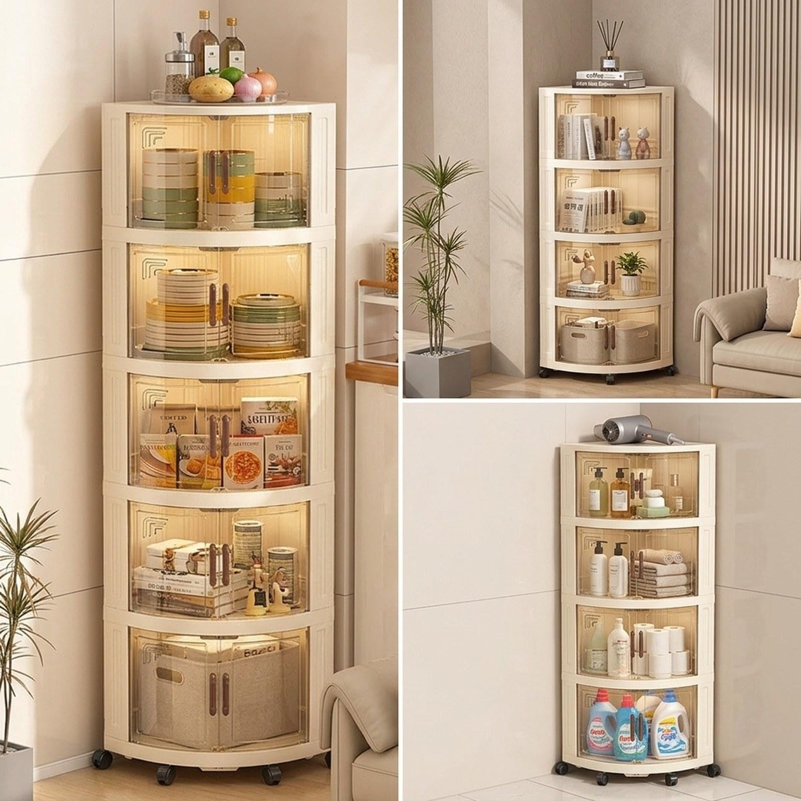 Carrello Portaoggetti Trasparente con Ruote, Organizer Triangolare in Materiale PP, Armadietto con Ante, Design Salvaspazio, 5 Livelli