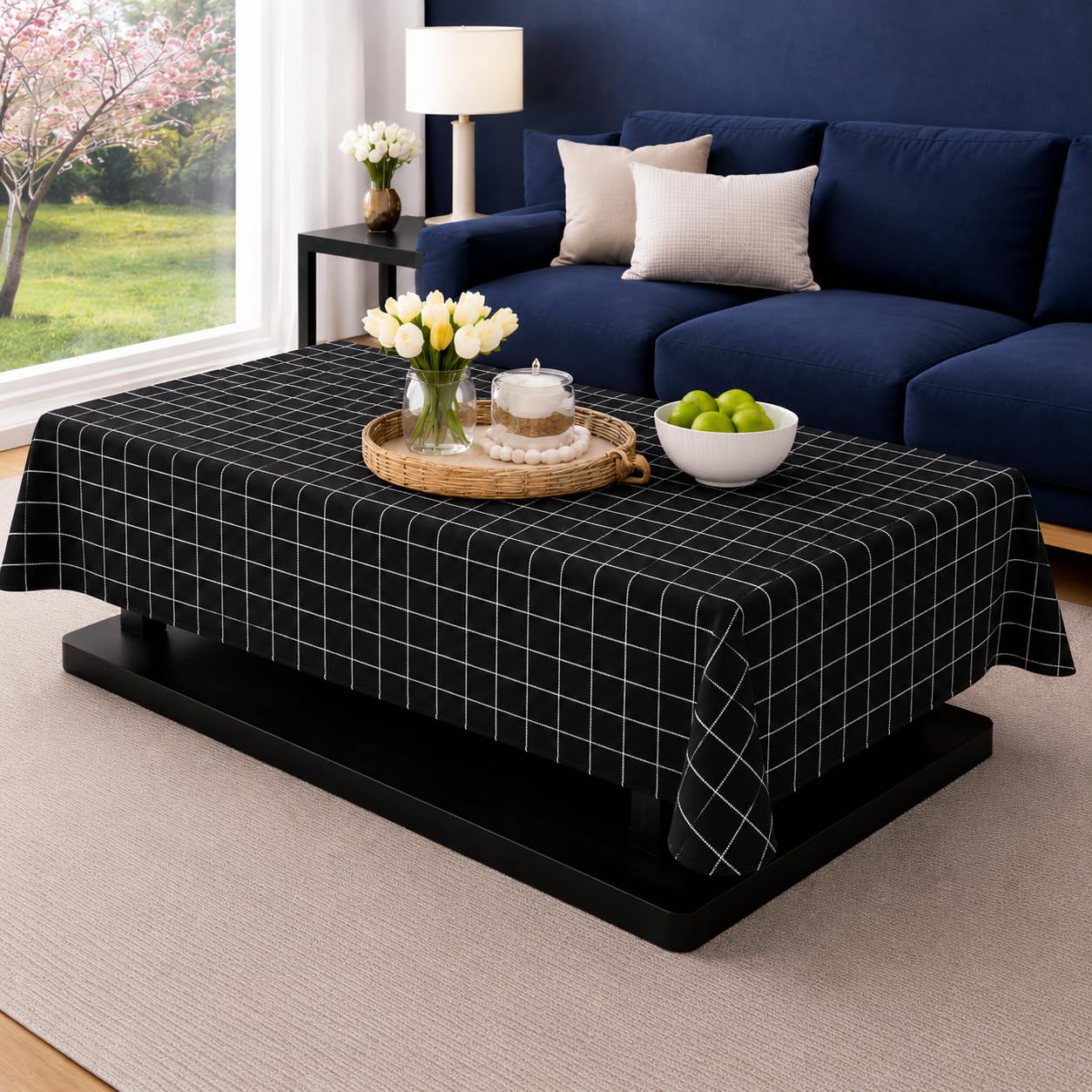 Waterproof Printed Table Cloth for Center & Dining Table | Soft Durable Fabric | Decorative Table Cover | 2-4 Seater | 40x60 Inch Black Checks-image-2
