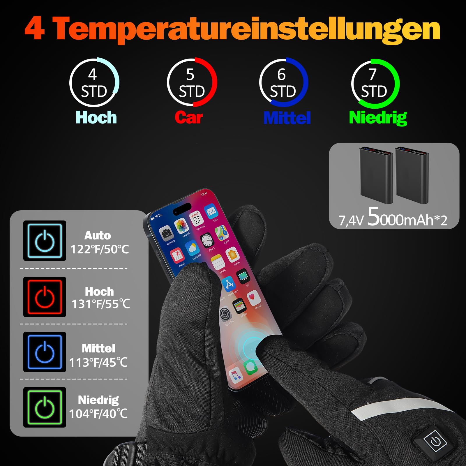 Beheizbare Handschuhe Herren Damen,Beheizte Handschuhe mit 5000mAh*2 7.4V Akku 4 Heizstufen, Wiederaufladbare Winter wasserdichte Handwärmer Handschuh Beheizbar für Wintersport, Skifahren