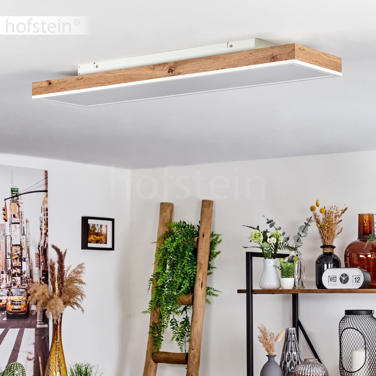 Plafoniera LED Salmi, plafoniera in metallo/MDF/plastica in bianco/look legno/marrone, pannello LED dimmerabile/cambiabile con telecomando, 60-1500 lumen, 2700-6500 K, 1 x LED 24 Watt