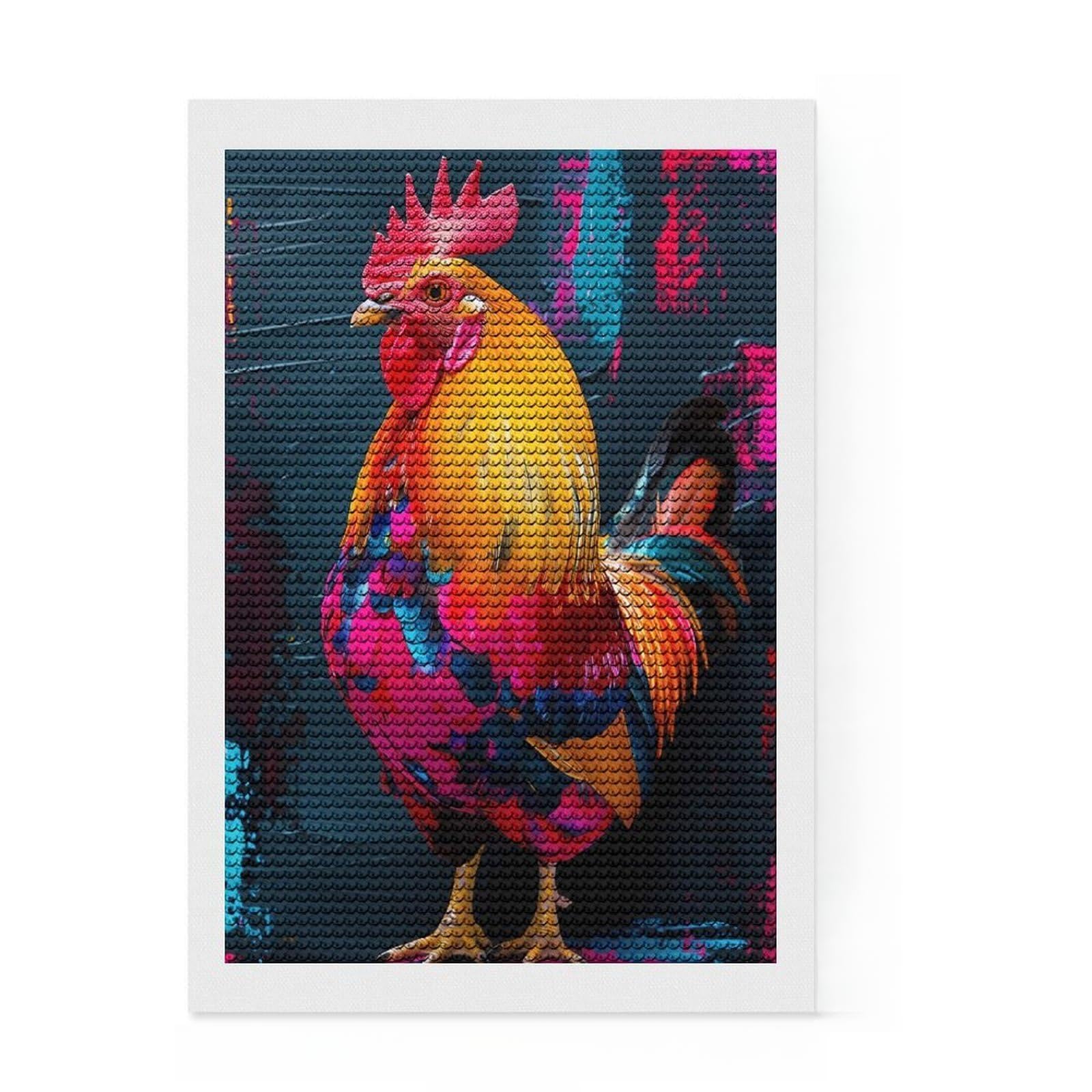 Junmoney Colorful Rooster Diamond Painting Canvas Set 8"x12", Vintage Style Decor, for Beginners, Creative Leisure Activity, Christmas Gift