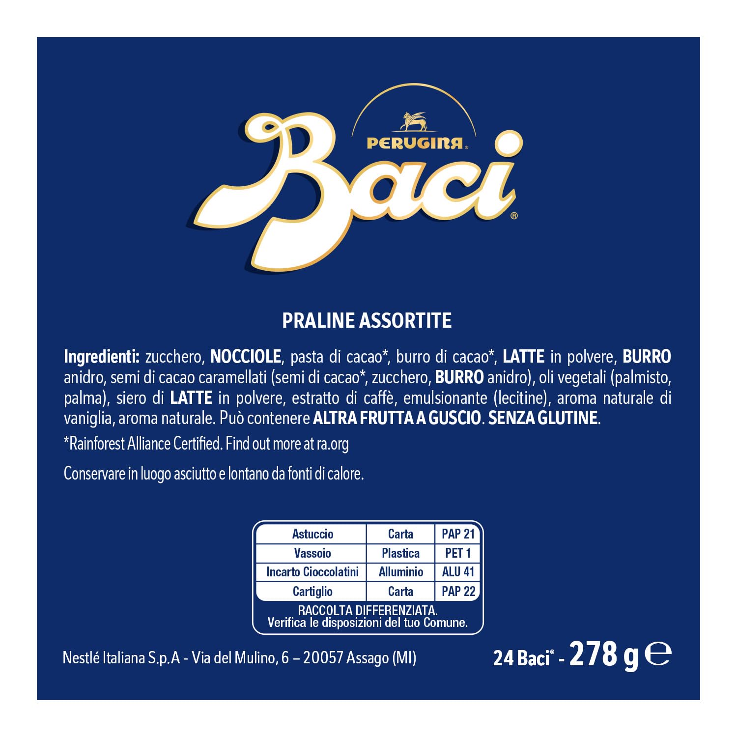 Baci Calendario de Adviento de Navidad, surtido de trufas de chocolate con avellana, sin gluten, 278 g (paquete de 1)