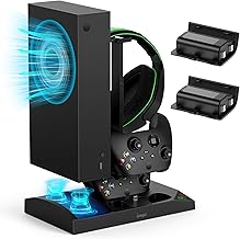 Charger Stand with Cooling Fan for Xbox Series S Console and Controller,Vertical Dual Charging Dock Accessories with 2 x 1400mAh Rechargeable Battery and Cover, Earphone Bracket for XSS… (Black)