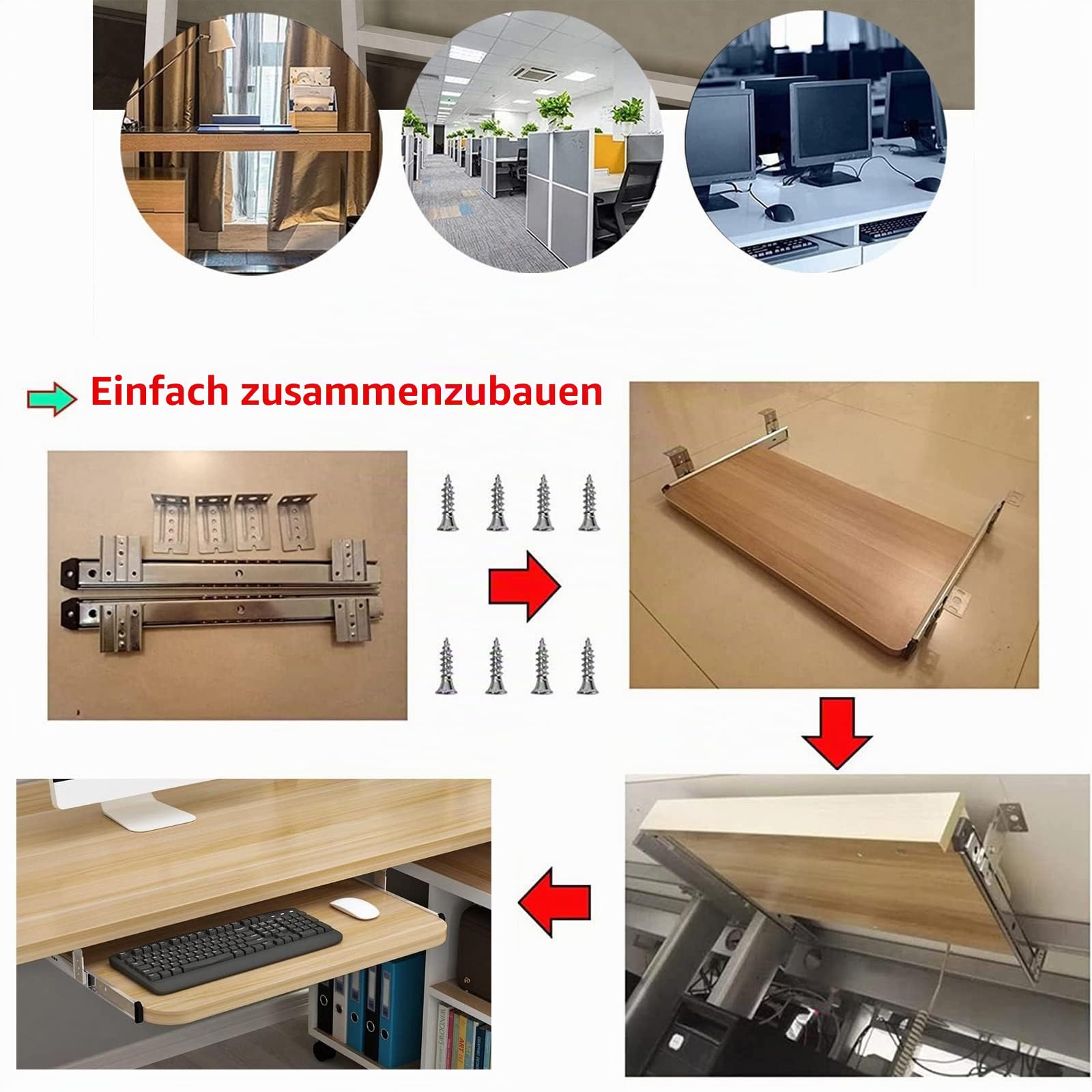 Verschiebbares Tastaturregal unter dem Schreibtisch, Tastaturablage – aus Metallschienen und Holzablage – 54 60 70 cm Mausplattform – für Zuhause, Büro, Schule, Garage, Computerschubladen-Or