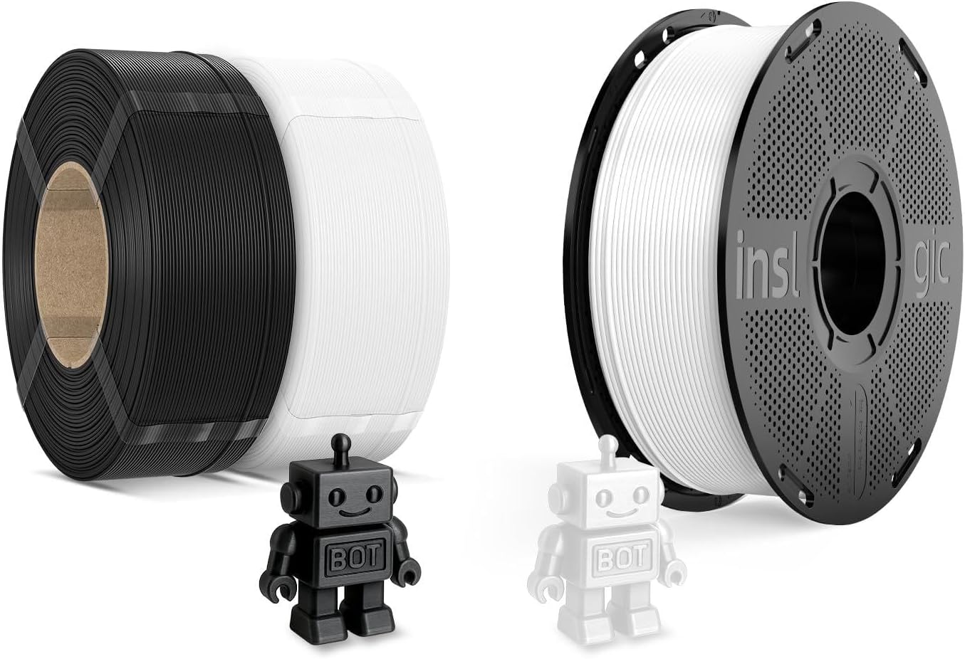 Inslogic PETG Pro 3D Printer Filament Bundle – 2.2lbs Spool White + 2.2lbs×2 Refills Black & White