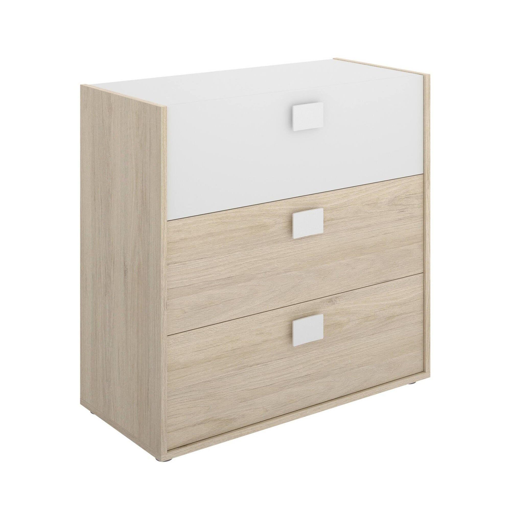 Dmora - Cassettiera Sella, Settimanale per camera da letto, Comò con 3 cassetti, 80x43h81 cm, Rovere e Bianco