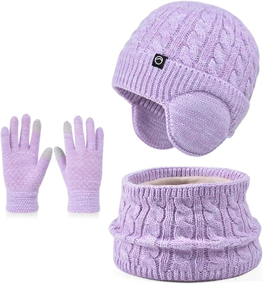 Ensemble Bonnet Enfant 3 En 1 Tricoté Avec Cache-Oreilles, Tour De Cou Et Gants - Chaud Et Doux
