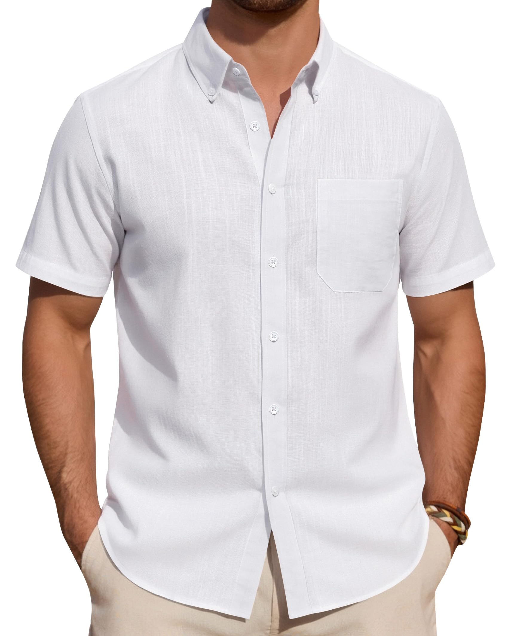 J.VER Leinenhemd Herren Kurzarm Hemd Sommer Freizeithemden Herren Casual Beach Shirts Regular Fit Männer Leinen Hemd Button Down Basic Men Shirts mit Brusttasche