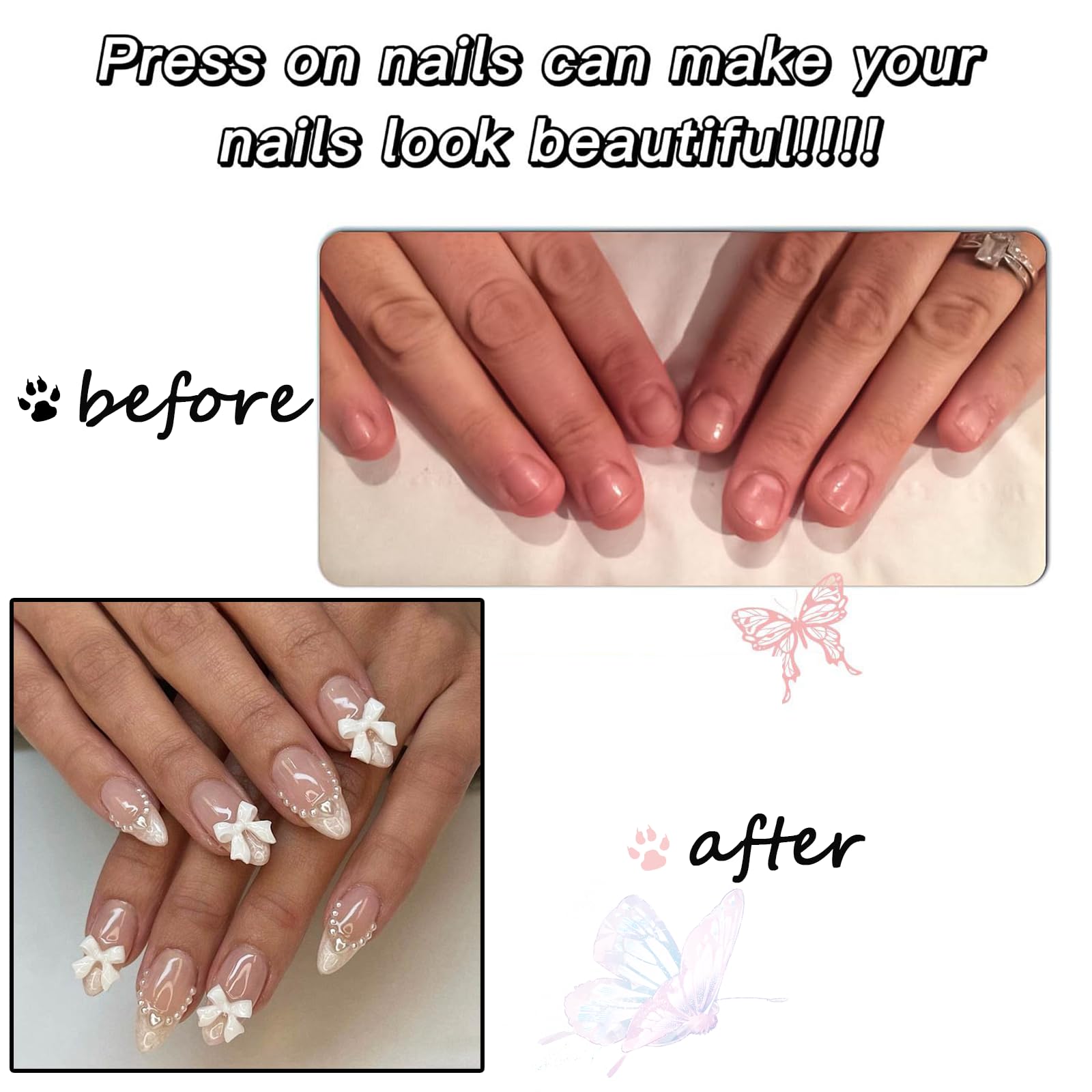 24Pcs Almond False Nails, French Tip False Nails, Stick on Nails with Pearl and White Bow, French Style Almond Press on Nails - Image 4