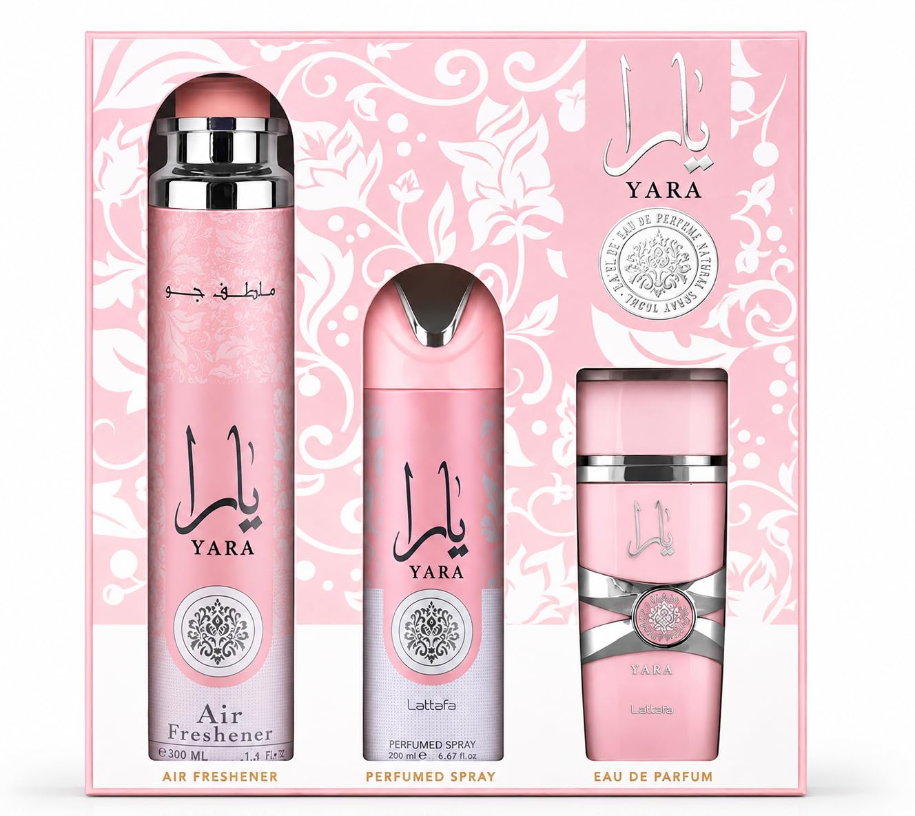 Perfume Arabe Yara Rosa 100 ml + Desodorante Yara Rosa 200ml + Ambientador Hogar 300ml – Eau de Parfum Arabe mujer + Deo + Ambientador