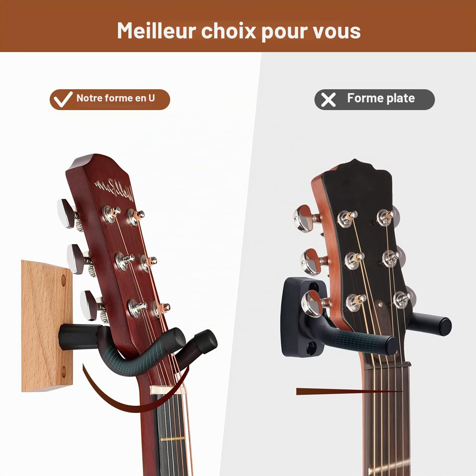 Support Guitare Mural, 3 pièces Classique Porte Guitare pour Basses, Acoustique Guitare, Banjo, Mandoline, Accessoire Guitare Bois Universel Réglable Accroche Guitare pour Bureau Home Studio