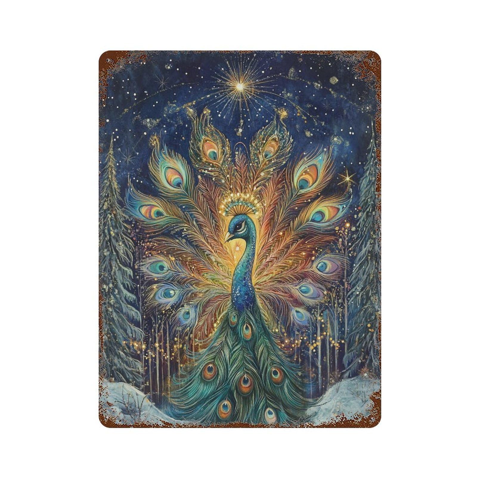 Magical Peacock Forest Scene 15.7"x11.8" Rusty Metal Tin Sign, Shabby Chic Decor for Bistro, Counter And Cafe Decor