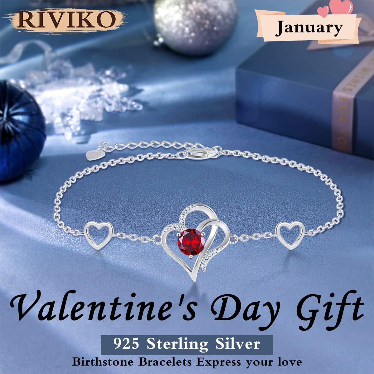 RIVIKO Love Heart Charm Bracelet For Women 925 Sterling Silver With Zirconia Birthstone Bracelets Adjustable Link for Mother Wife Sister Birthday Christmas Day Anniversary Jewelry Gift - Image 2