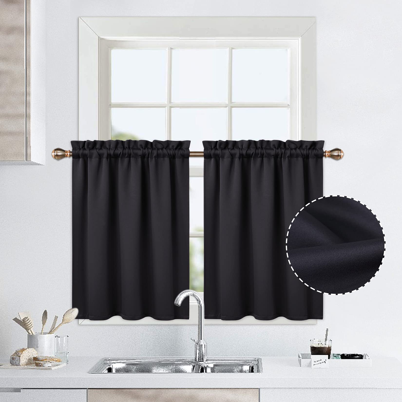 LinTimes Kurze Fenstervorhänge,Verdunkelungsvorhang für Küche Fenster,Thermische Fensterbehandlung und Cafe-Vorhang zur Raumverdunkelung 66cmx91cm(26x36 inch),2 er Set Schwarz