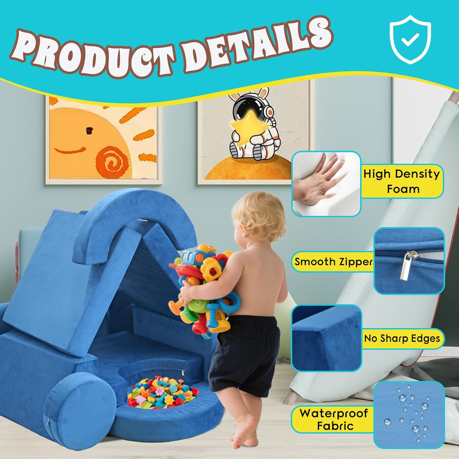 13Pcs Modular Kids Play Couch Toddler Couch Kids Sofa Playroom Furniture Convertible Foam and Floor Cushion Highly Elastic Foam for Boys and Girls (Blue)