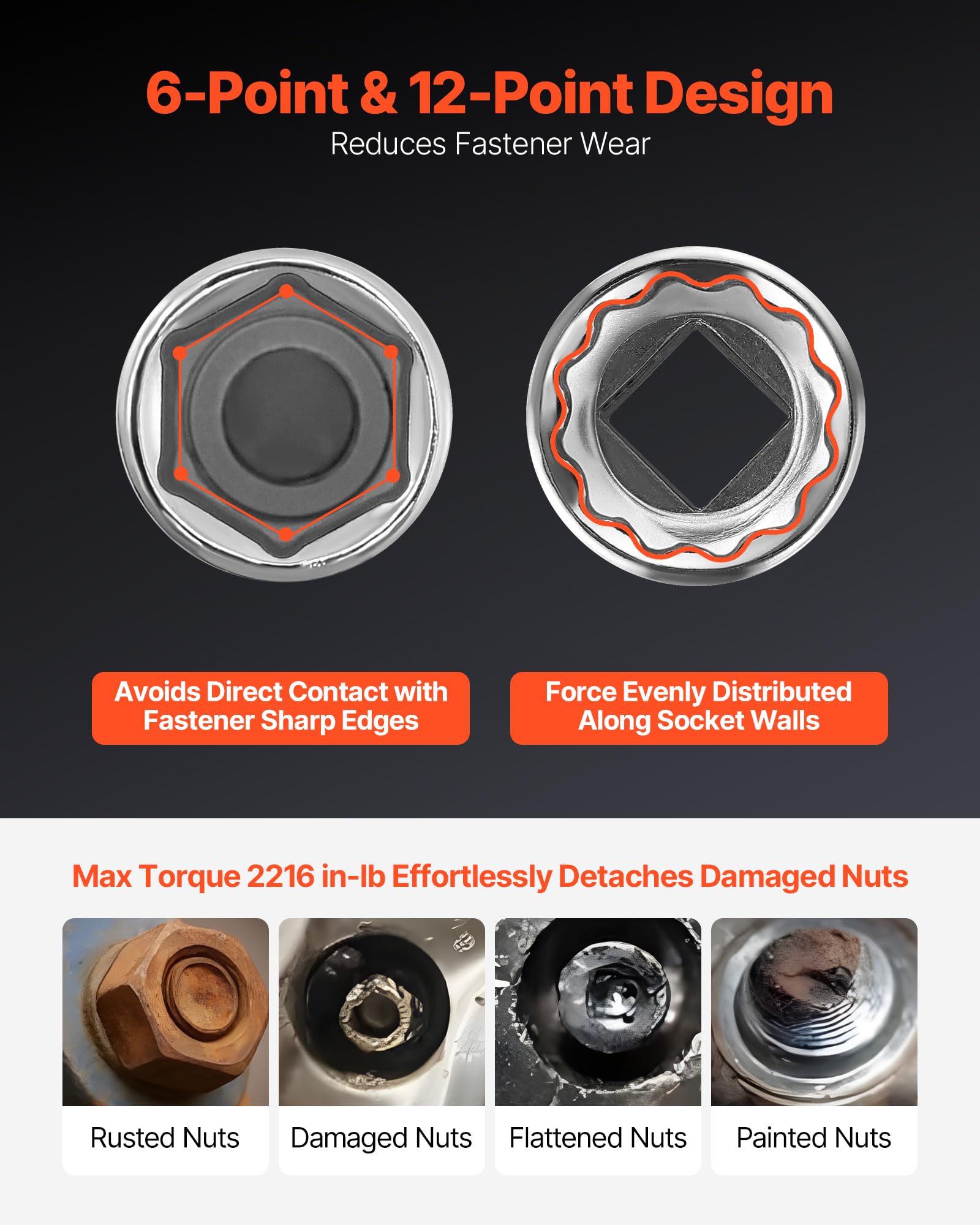 VEVOR Zestaw nasadek, 104-częściowy, 9,5 mm, rozmiar metryczny od 6 do 24 mm, głęboki i standardowy, zestaw narzędzi mechanicznych z walizką do przechowywania, chromowana stal stopowa CR-V, do naprawy