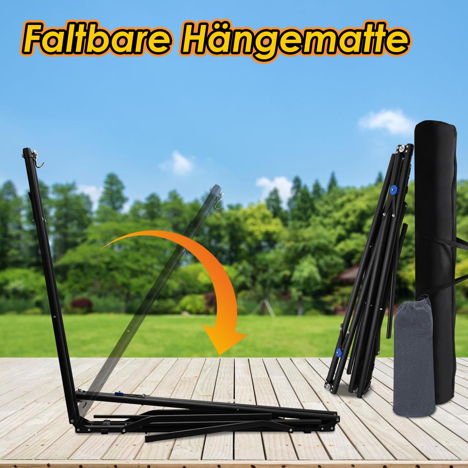 Hängematte mit Gestell Klappbar Garten Hängemattengestell Metall Gestell hängematte Outdoor hängematte Mit Tragetasche Metallgestell bis 150 kg für Camping Garten Pool Balkon