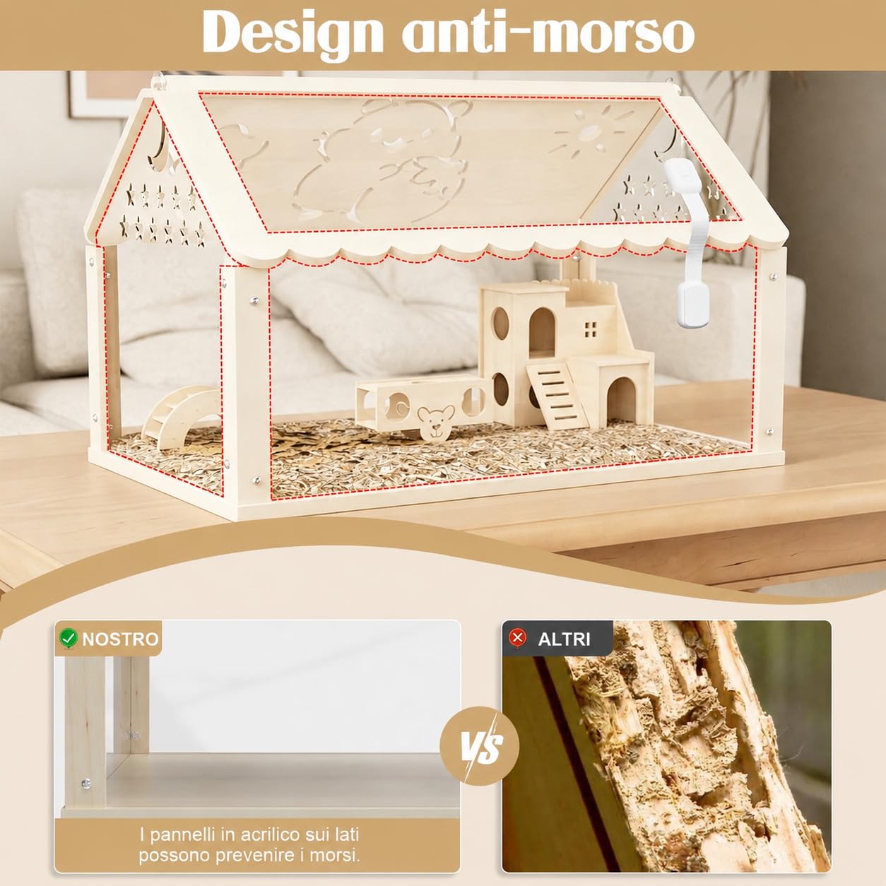 Gabbia per Criceti in Legno e Acrilico 60 × 30 × 40 cm, Habitat Trasparente per Criceti Nani e Piccoli Roditori con Coperchio Apribile, Gabbia Ventilata per Topi e Piccoli Animali Domestici