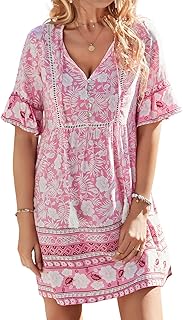 BebreezChic Women's Short Boho V-Neck High Waist Vintage Fringe Airy Casual Mini Dresses Beach Dress