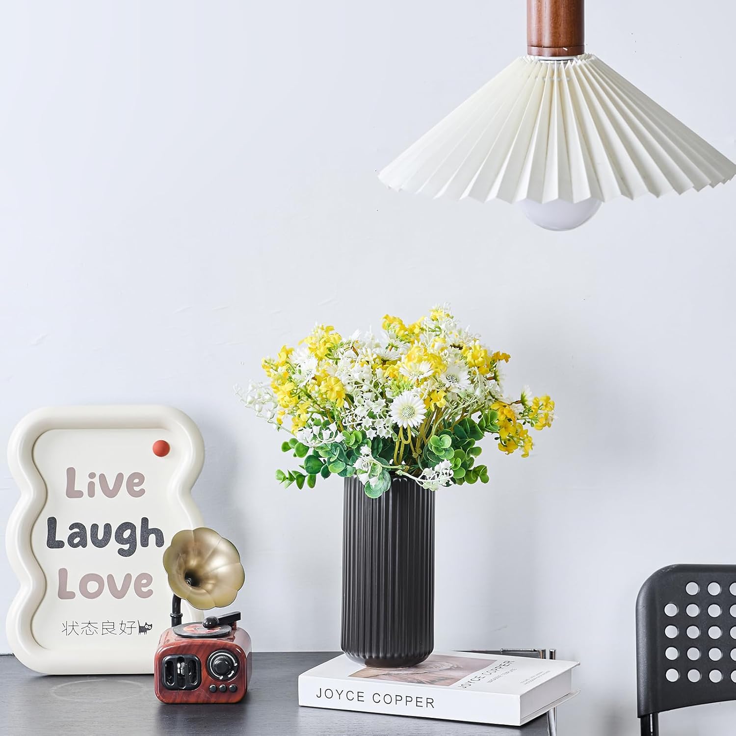 Black Ceramic Flower Vase for Pampas Grass, 8 inch Small Decorative Centerpiece Ribbed Vase for Dining Table, Office Desktop, Shelf Bookshelf, Mantel, Entryway, Bathroom, Countertop, Farmhouse, Gift - Image 7