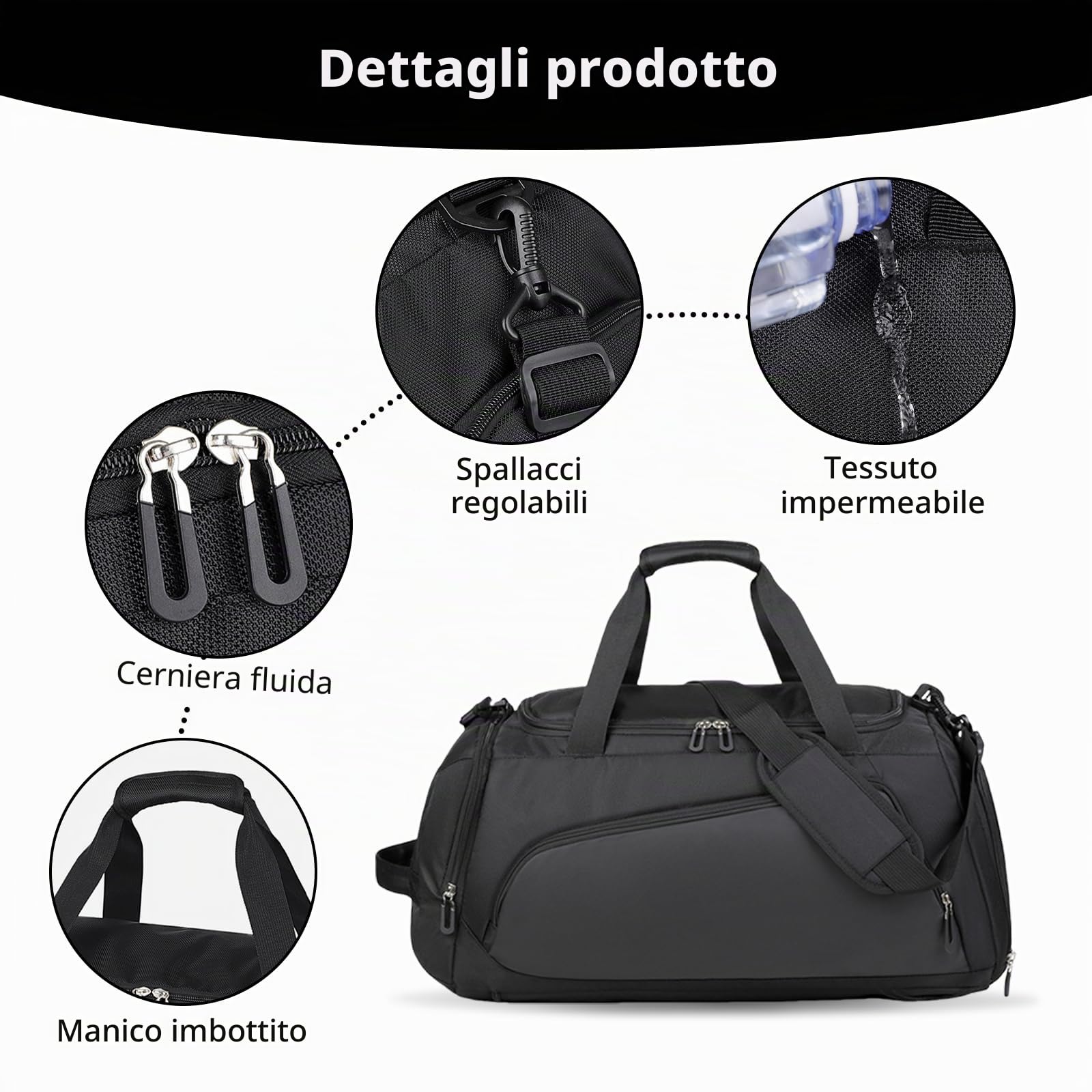 flintronic 40L Borsone Palestra Uomo & Donna, Grande Borsa Sportiva, con Scomparto per Scarpe e Tasca Bagnata, Impermeabile Borsone da Viaggio, per Sport Viaggi Fitness Piscina Yoga Pilates, Nero