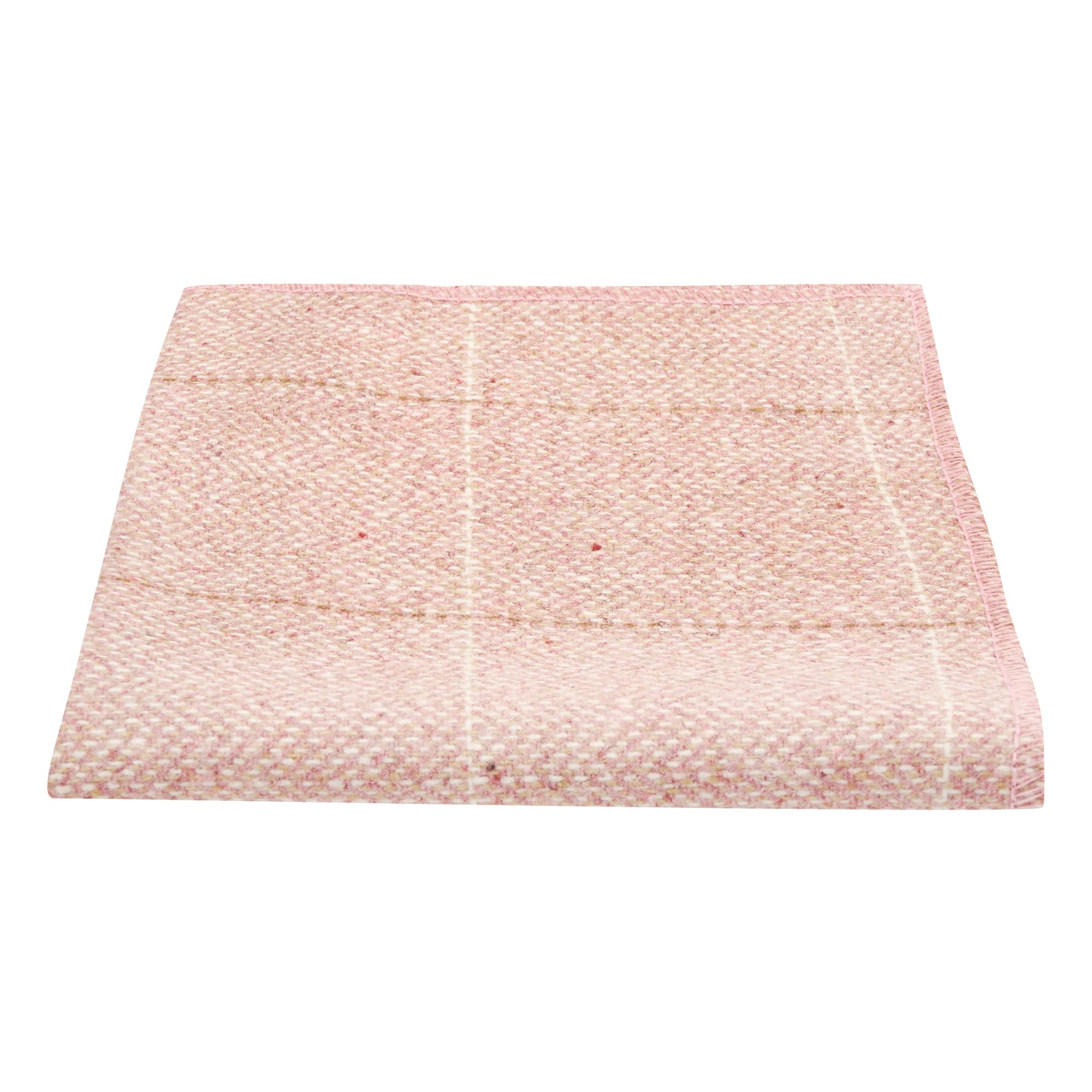King & Priory Pink Herringbone Windowpane Check Tweed Pocket Square, Handkerchief