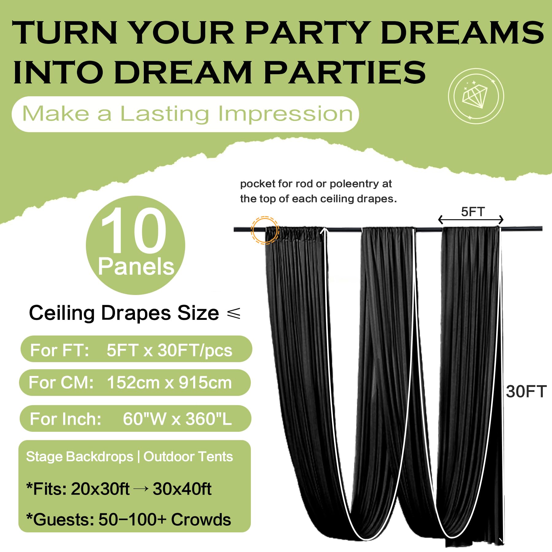 Cortina de Techo Negra de 50 x 30 pies, 10 Paneles de Cortinas sin Arrugas para Bodas, cumpleaños y Fiestas temáticas, 30 pies de Altura con Bolsillo para Barra