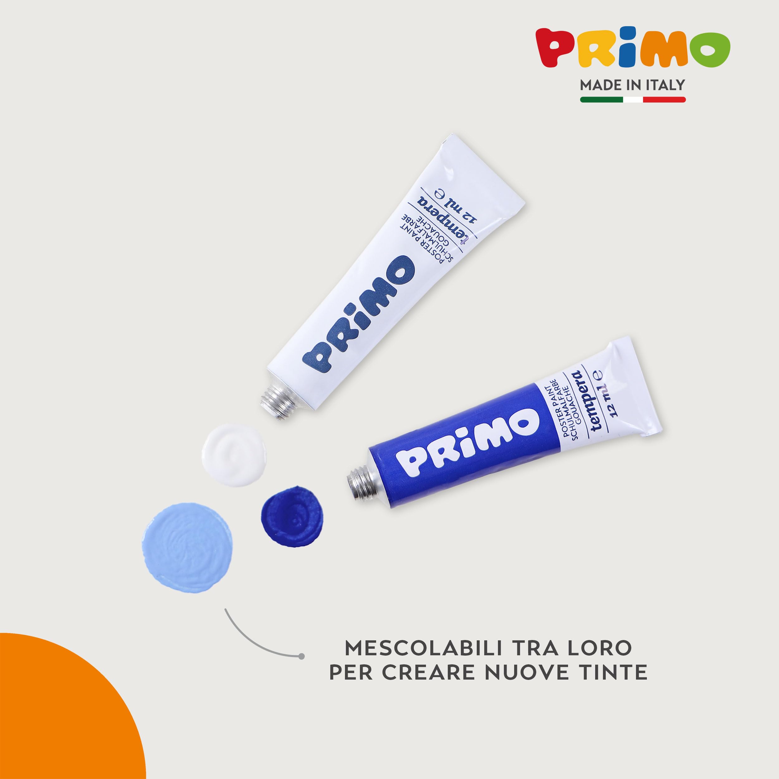 PRIMO - Tempere per Bambini +3 Anni, 8 Tubi da 12 ml, Colori Diluibili con Acqua, Colori a Tempera Fine Densi e Coprenti per Tessuti, Carta, Vetro, Lavoretti Creativi per Bambini e Hobby