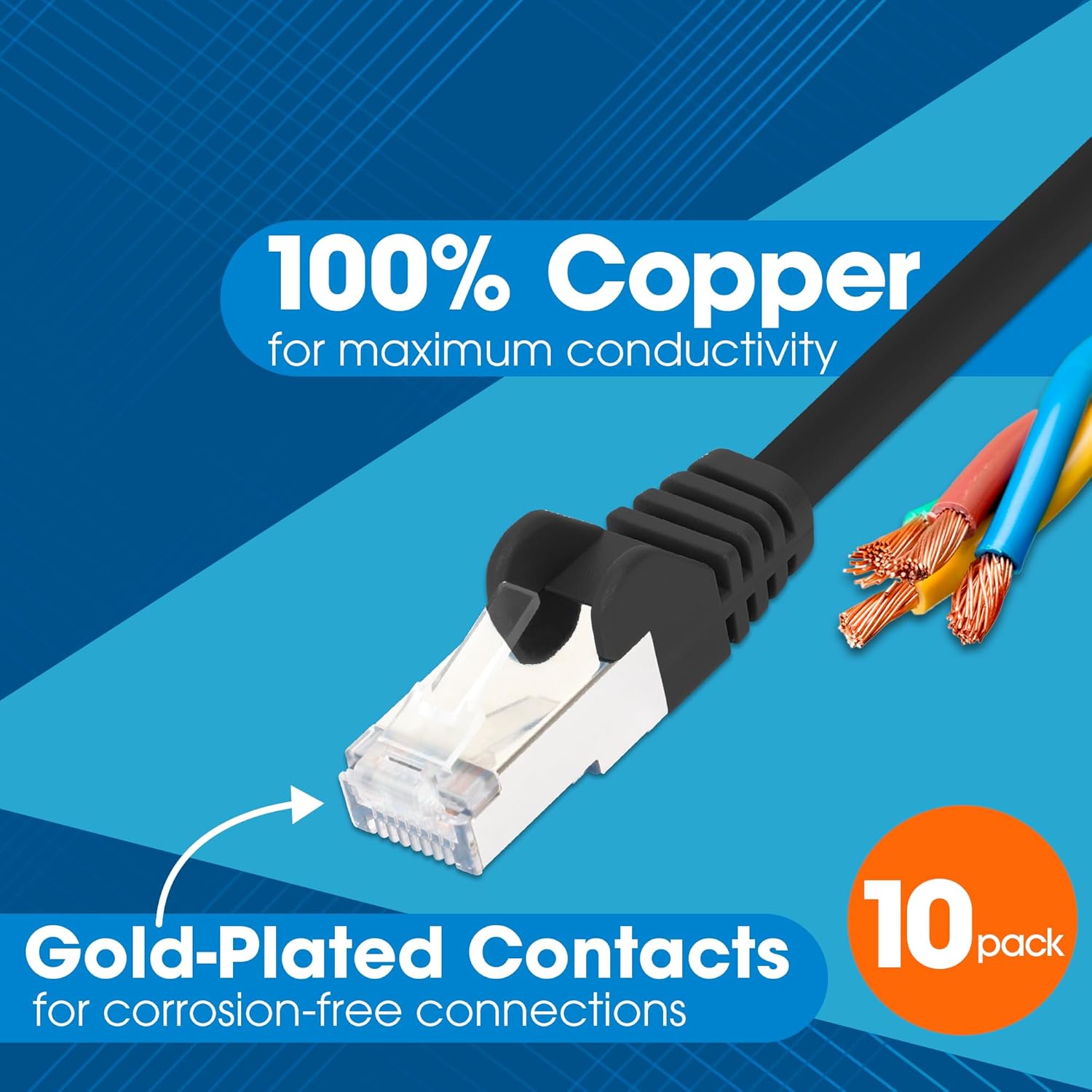 Intellinet Slim Cat8 Ethernet Network Patch Cable – 10-Pack - 40Gbps & 2000MHz, Snagless Boot, 24AWG Pure Bare Copper Wire, Gold-Plated Contacts, Lifetime Mfg Warranty – 3ft, 10 Pack, Black