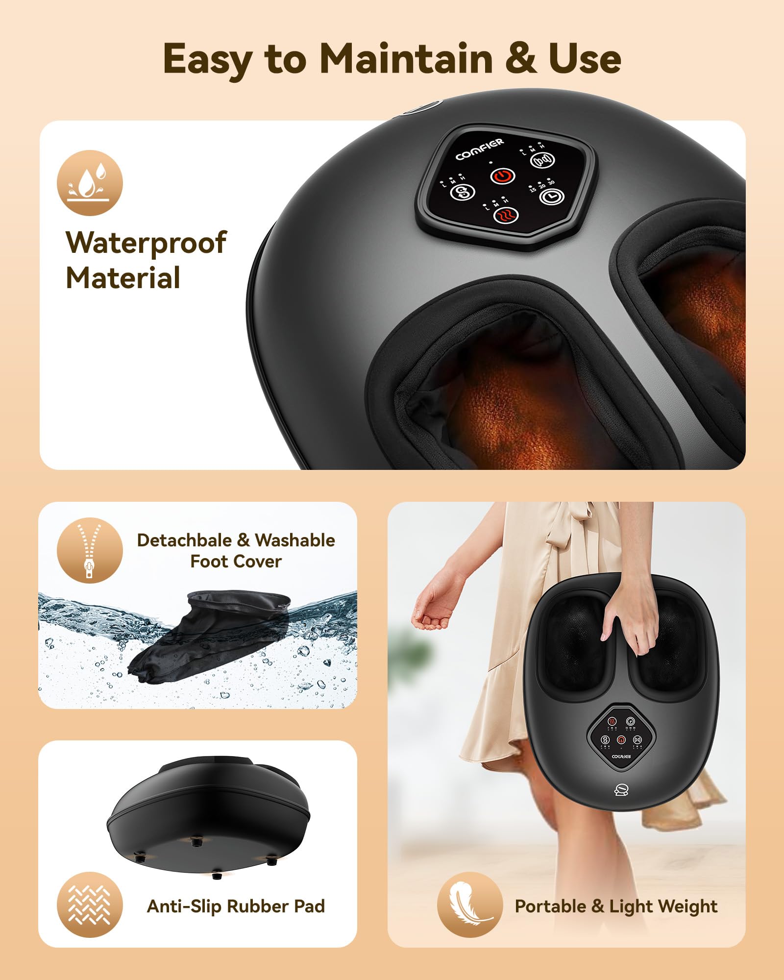 COMFIER Shiatsu masażer stóp z funkcją ogrzewania, ugniatanie, wałkowanie i kompresja powietrza, do zapalenia powięzi podeszwowej i łagodzenia bólu, prezent dla mężczyzn i kobiet