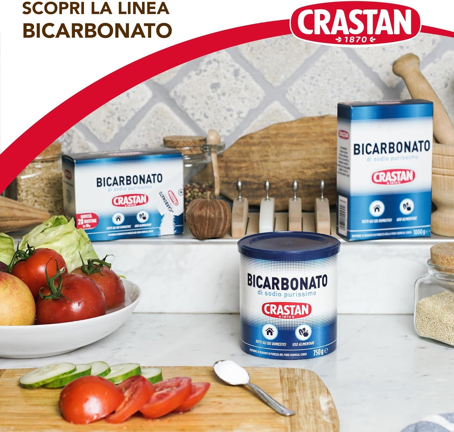 Crastan Bicarbonato di sodio purissimo Bicarbonate de sodium pur pour un usage domestique et alimentaire 12 x 750 g + Italian Gourmet Polpa 400 g