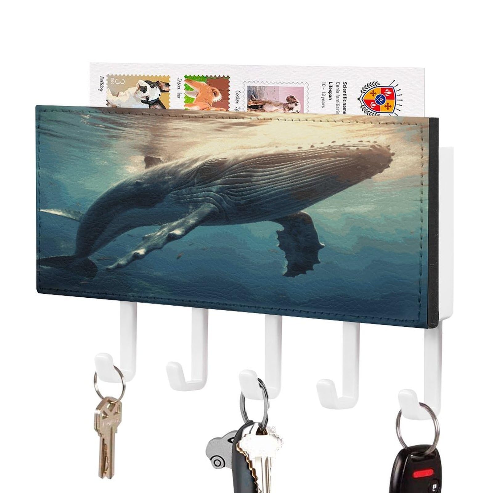 MUSM Whale Above Sea Water Key Holder for Wall,Mail Organizer Wall Mount with 5 Hooks,Easy Installation Key Rack for Home Decor, Hallway, Entryway, Appartment