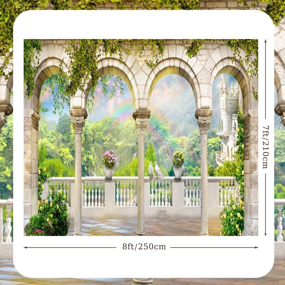 7x8ft Arched Door Balcony Garden Garage Door Banner Decorations Retro Archway Romantic European Balcony Flowers Photography Background Engaged Party Wedding Birthday Party Banner Portrait
