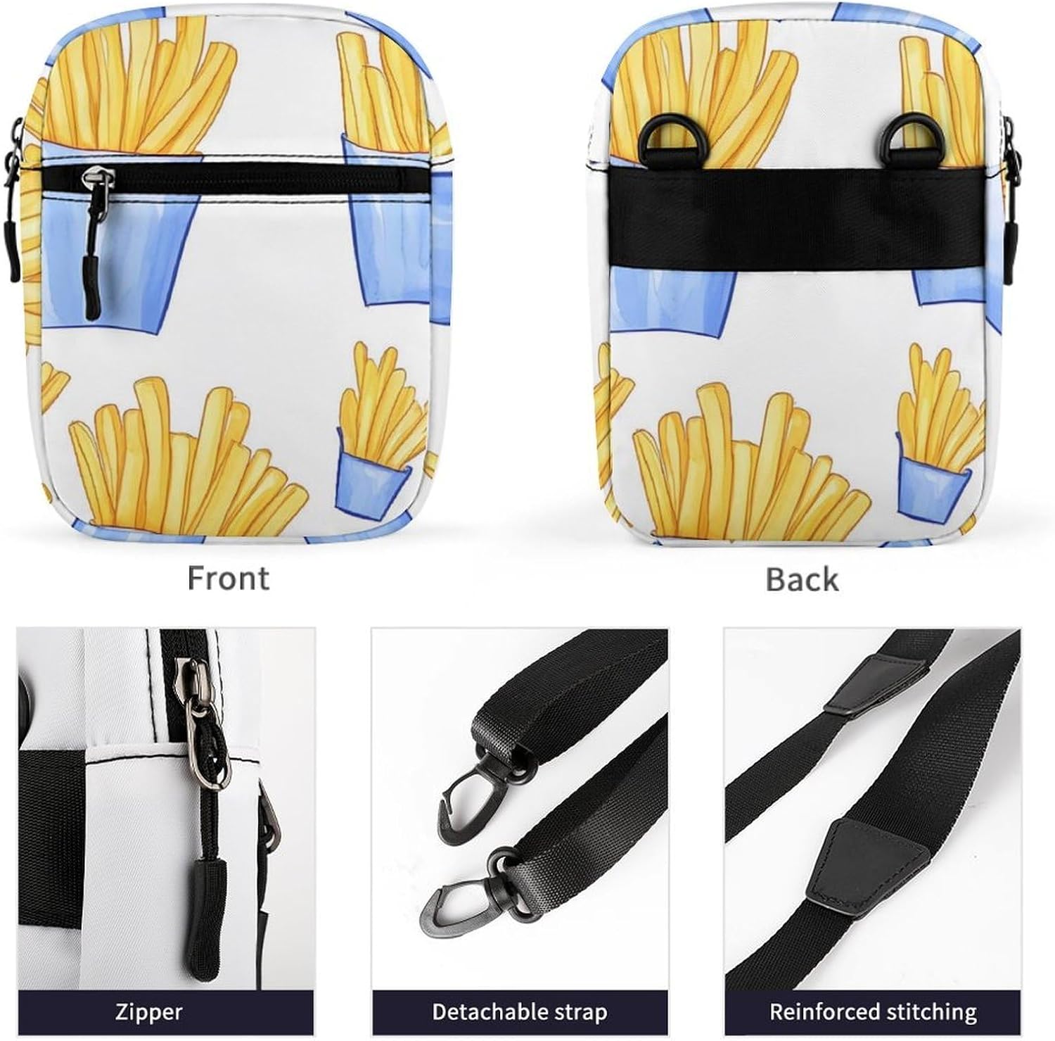 French Fries Blue Box Small Crossbody Bag Sling Shoulder Satchel | for women men,work travel workout,detachable and adjustable shoulder strap